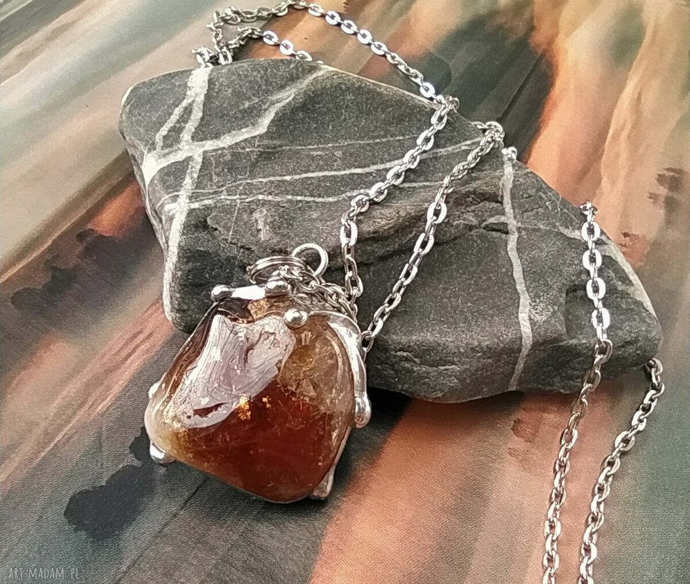 Wisiorek z cytrynu - ręcznie robiony kamień w technice witrażowej, dwustronny amulet na prezent