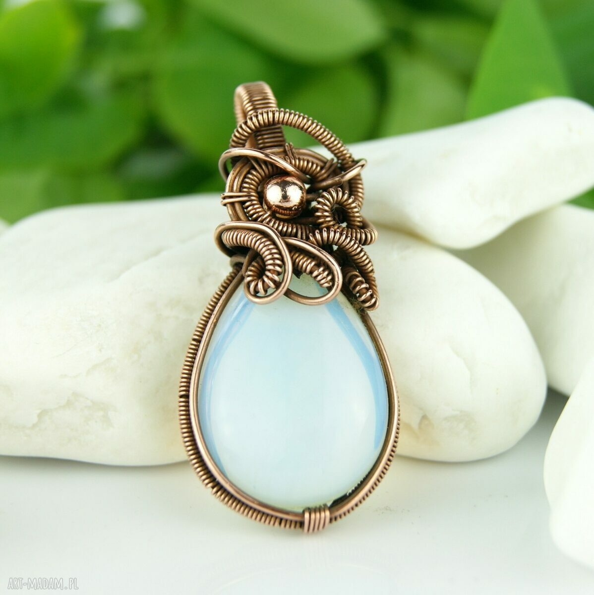 Wisiorek z opalitem - miedziany wire wrapping dla niej