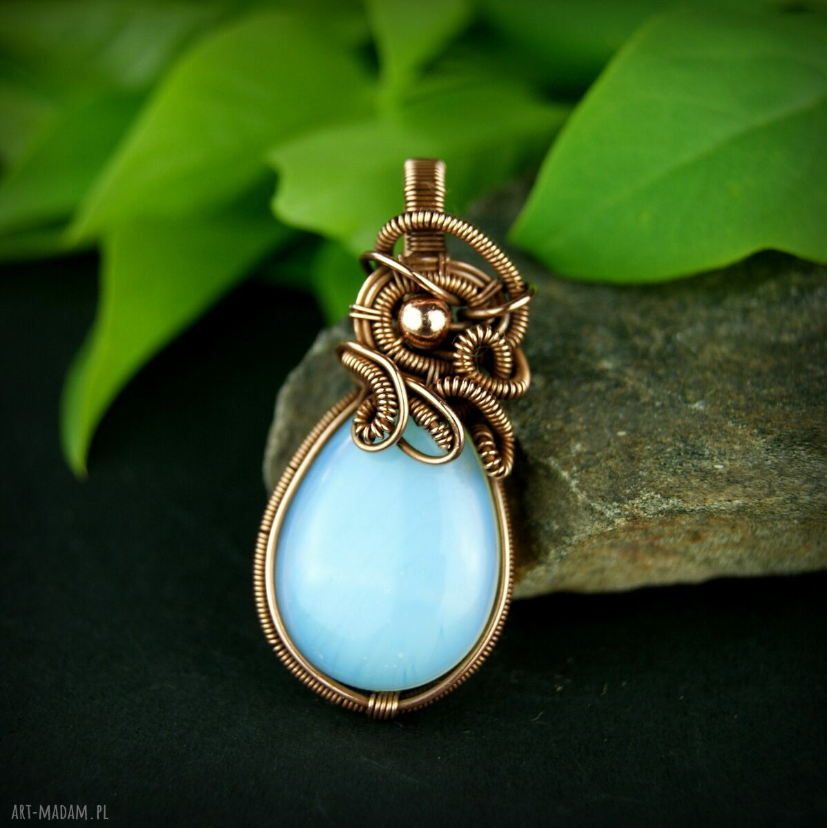 Wisiorek z opalitem - miedziany wire wrapping dla niej