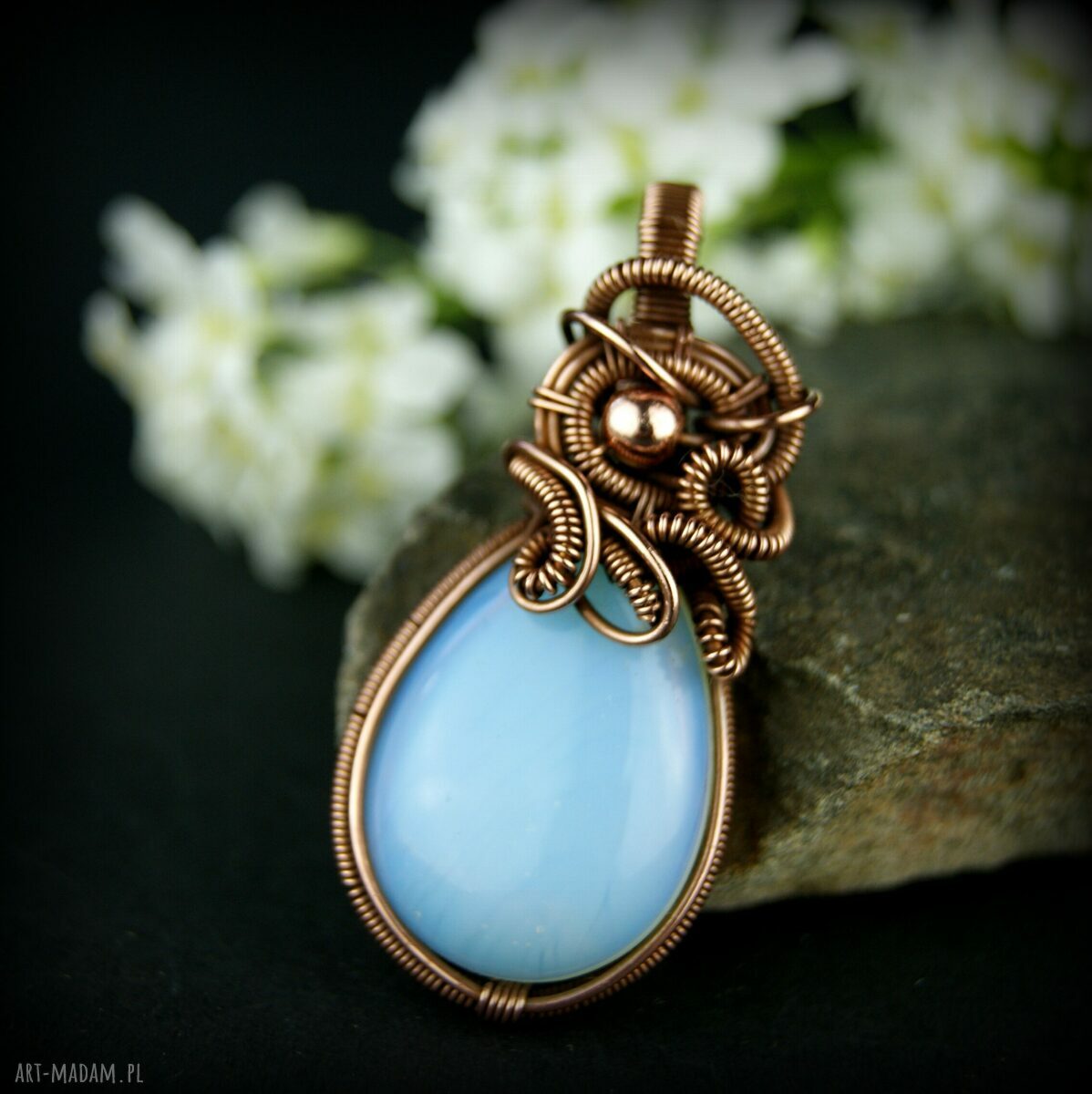 Wisiorek z opalitem - miedziany wire wrapping dla niej