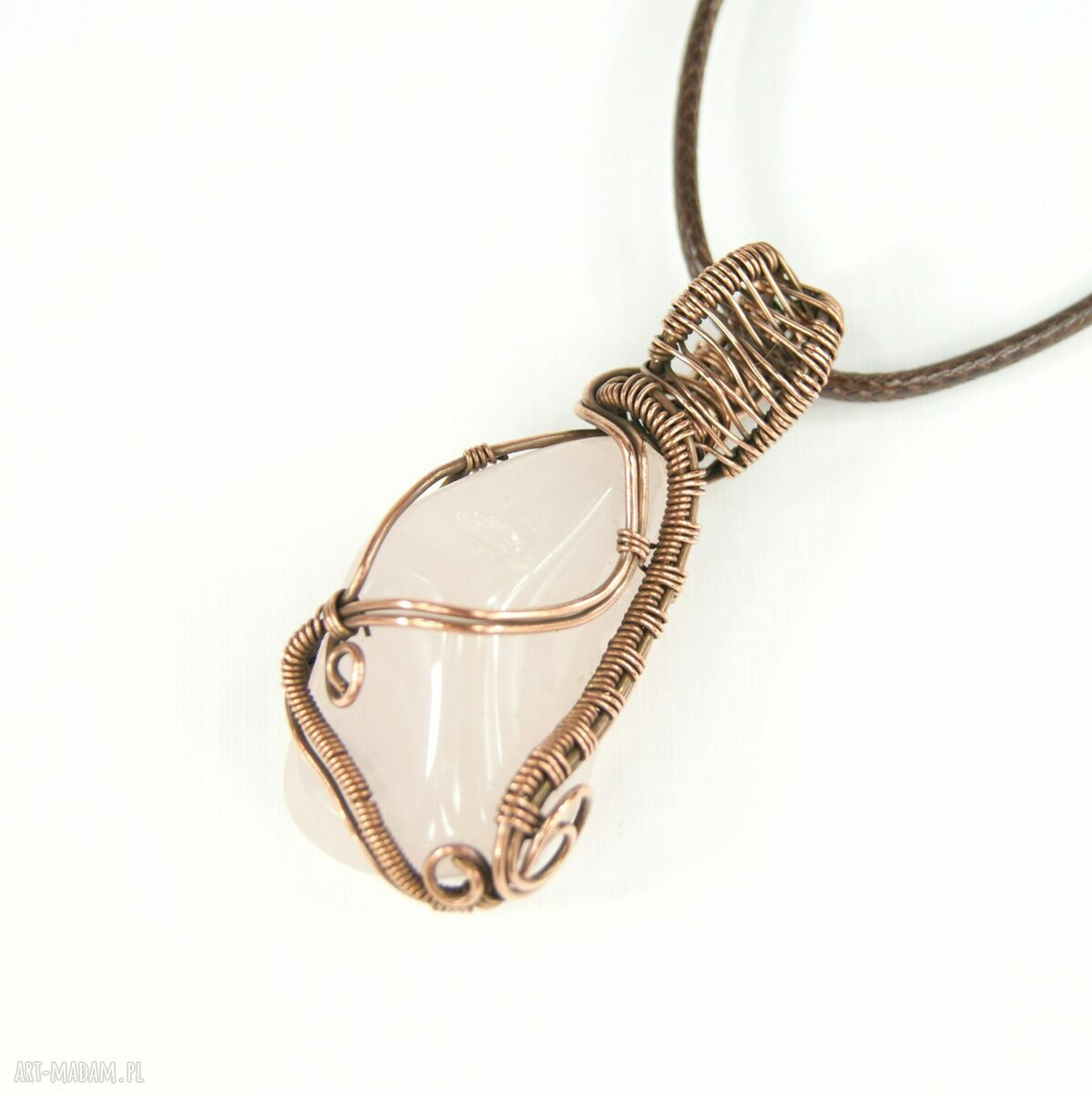 Wisiorek z różowym kwarcem - miedziana oprawa wire wrapping