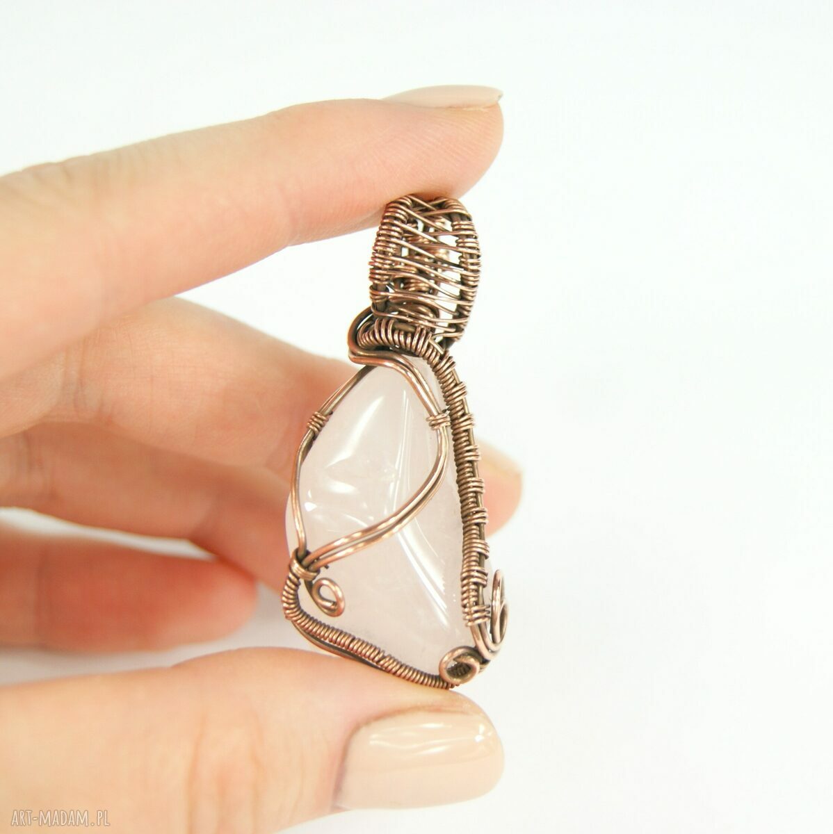 Wisiorek z różowym kwarcem - miedziana oprawa wire wrapping