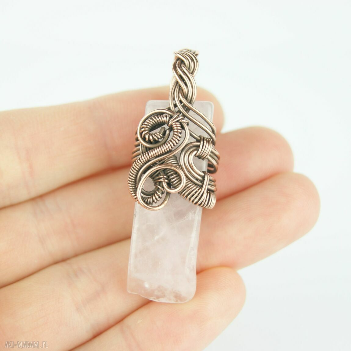 Wisiorek z różowym kwarcem - miedziany wire wrapping