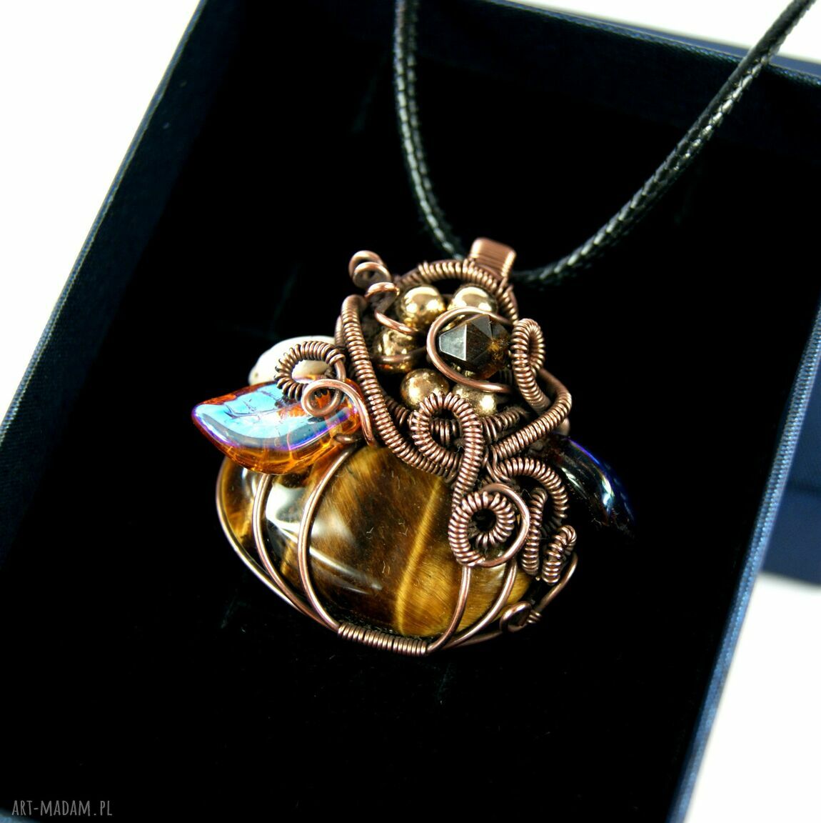 Wisiorek z tygrysim okiem - miedziany wire wrapping dla niej (handmade)