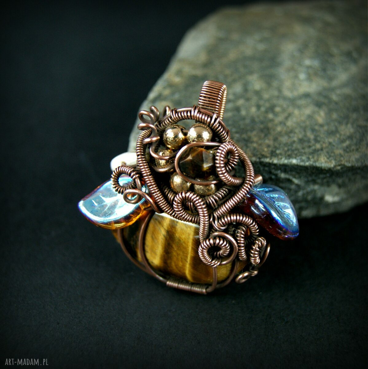 Wisiorek z tygrysim okiem - miedziany wire wrapping dla niej (handmade)