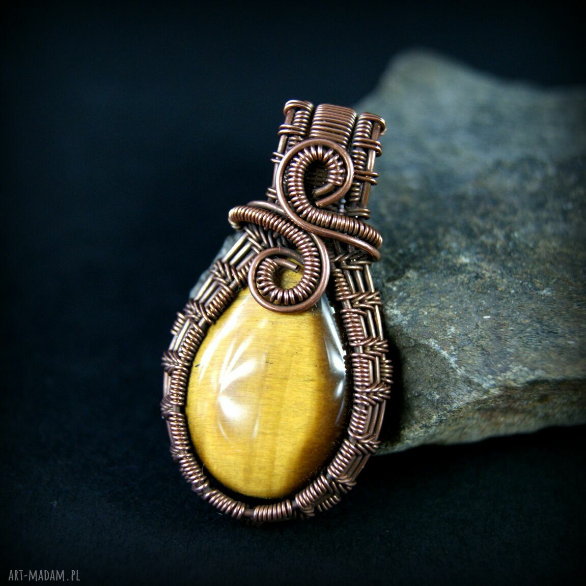 Miedziany wisiorek z tygrysim okiem - wire wrapping
