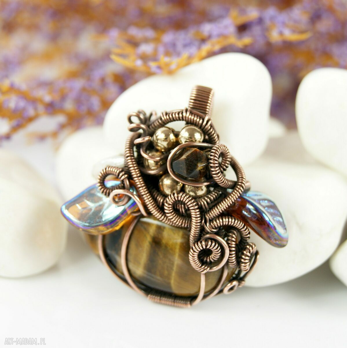Wisiorek z tygrysim okiem - miedziany wire wrapping dla niej (handmade)