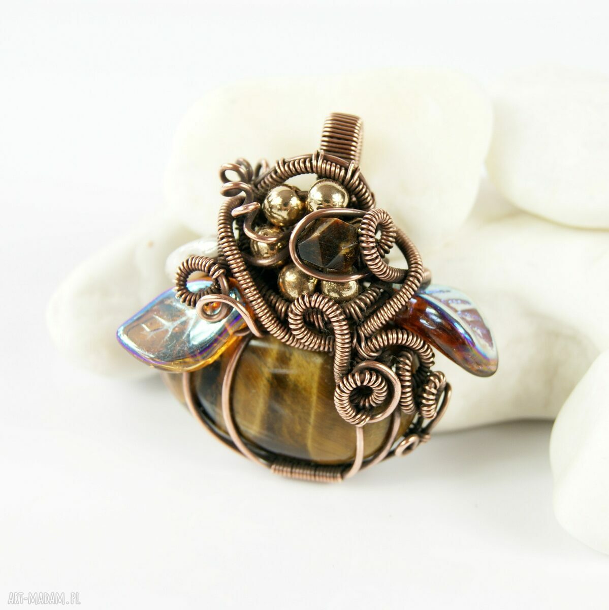 Wisiorek z tygrysim okiem - miedziany wire wrapping dla niej (handmade)