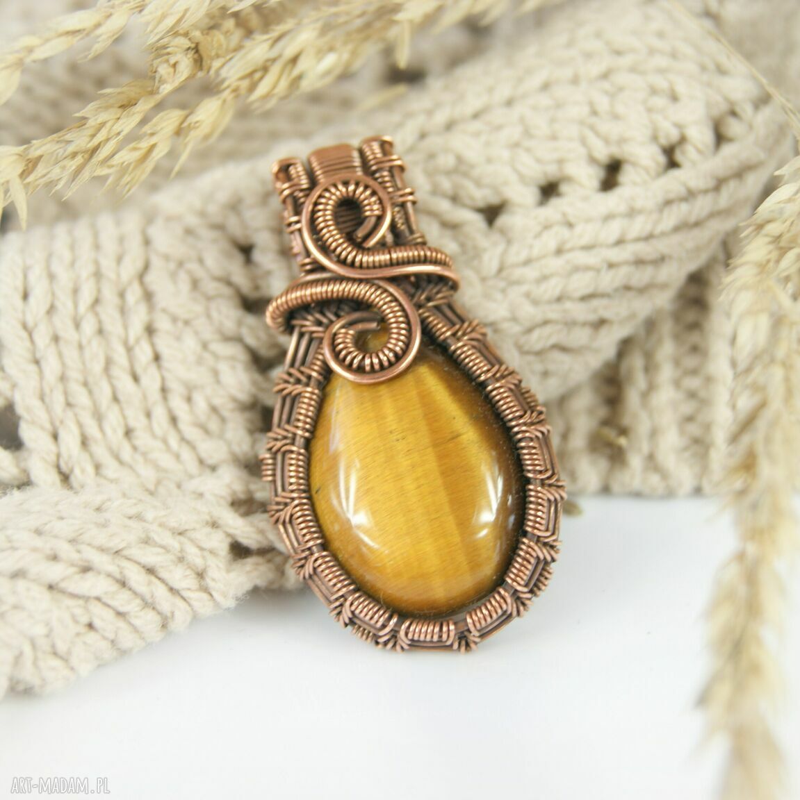 Miedziany wisiorek z tygrysim okiem - wire wrapping