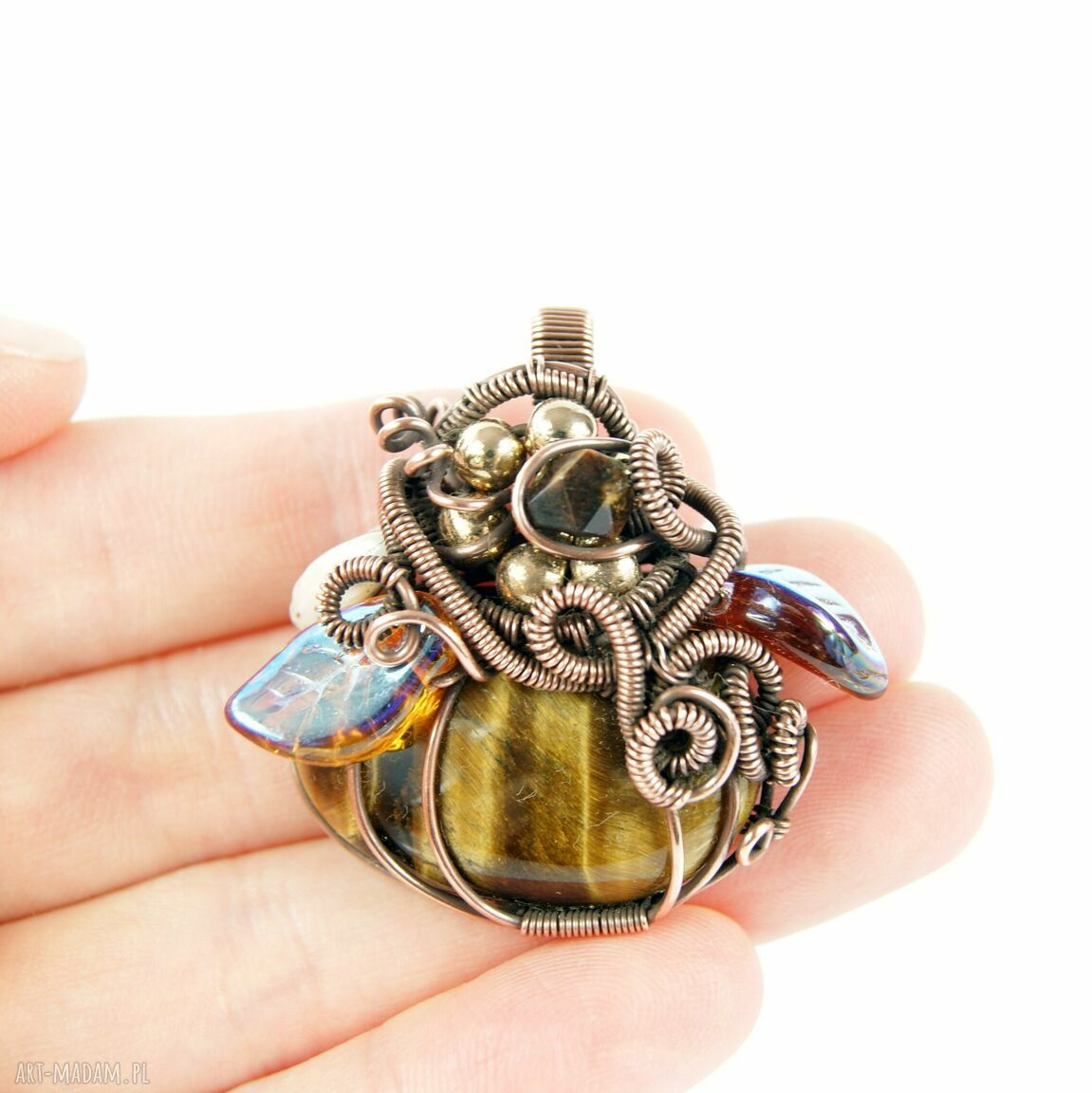 Wisiorek z tygrysim okiem - miedziany wire wrapping dla niej (handmade)