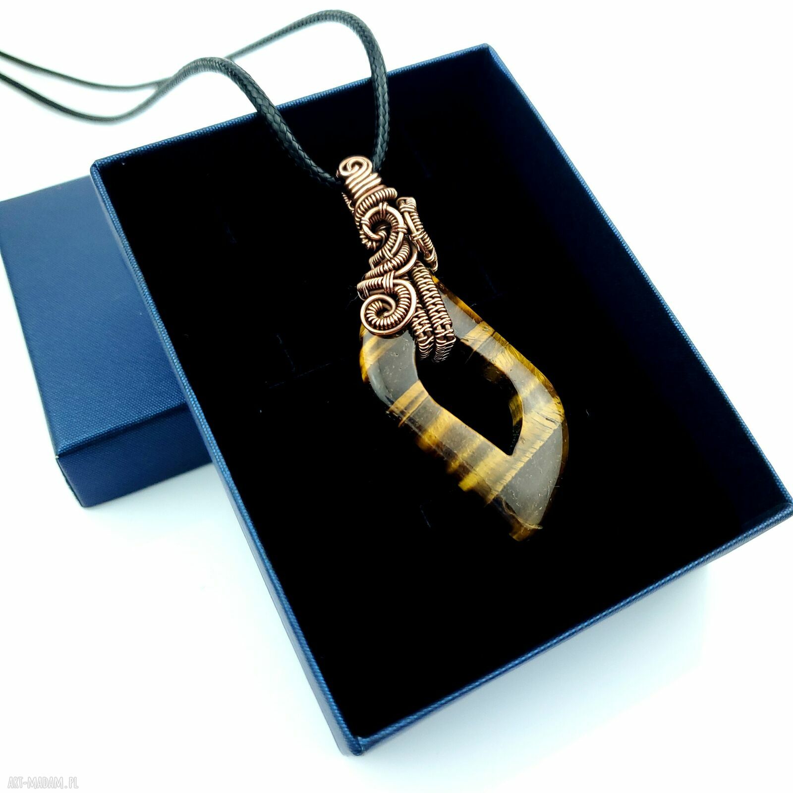 Wisiorek z tygrysim okiem - miedziana oprawa wire wrapping