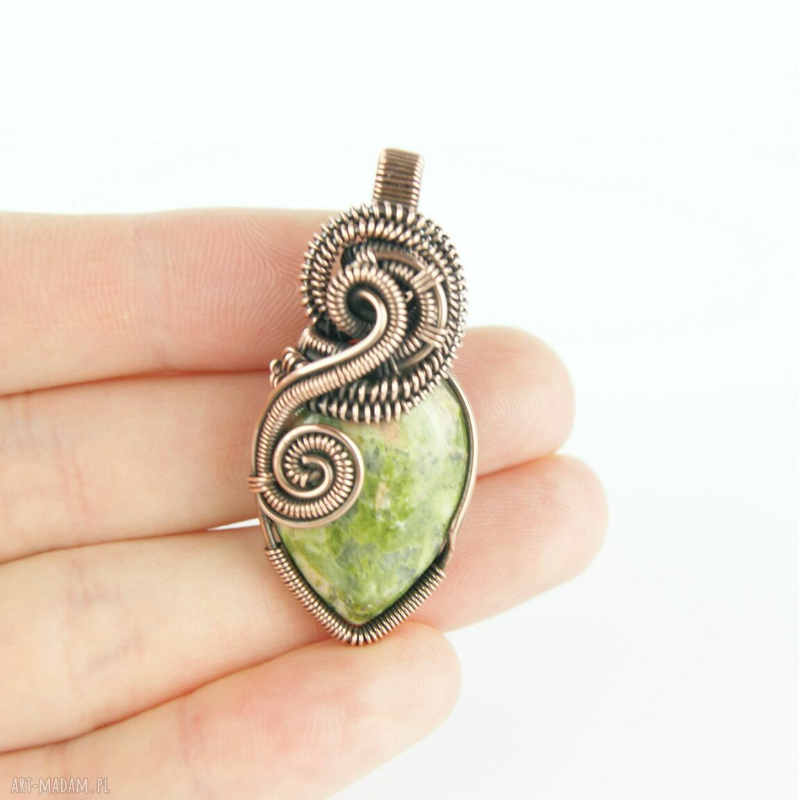 Wisiorek z unakitem - miedziany wire wrapping