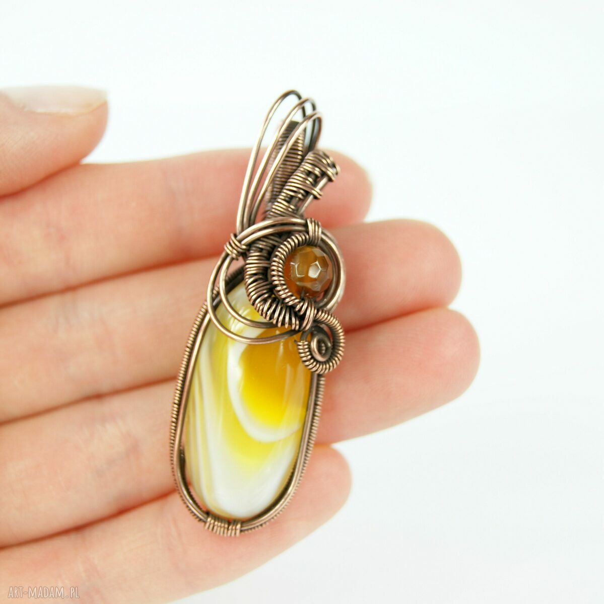 Wisiorek z żółtymi agatami - miedziany wire wrapping