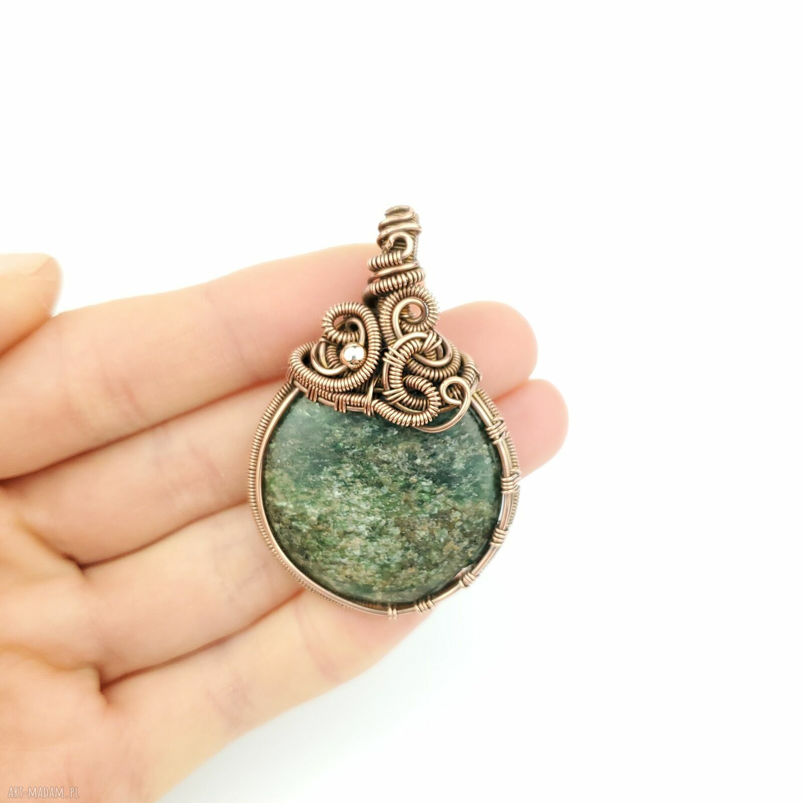 Wisiorek ze szmaragdem - duży wisior wire wrapping z miedzią i hematytem