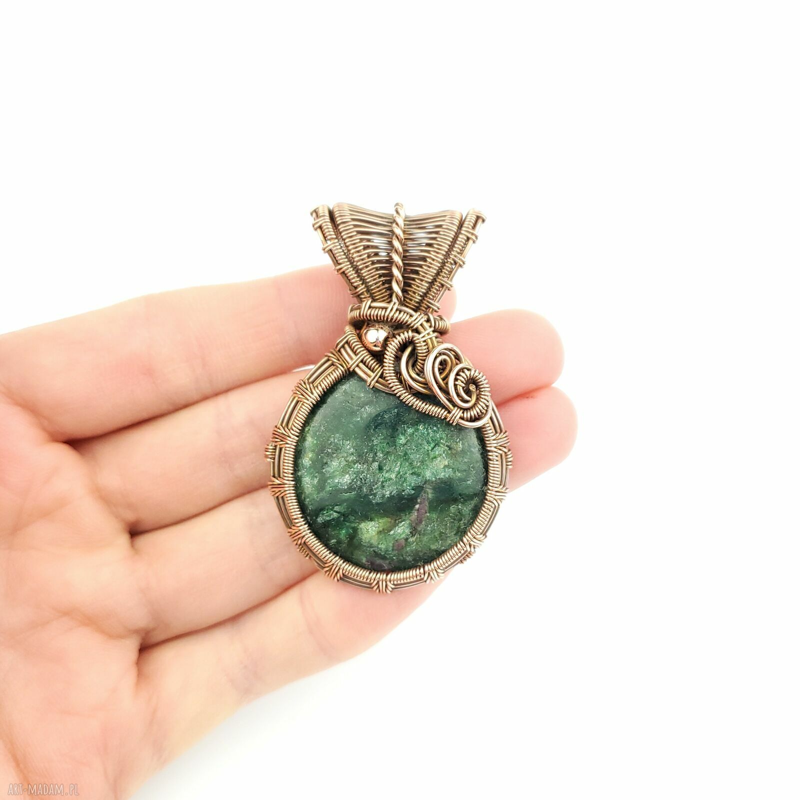 Wisiorek ze szmaragdem - duży wisior wire wrapping z miedzi i hematytem