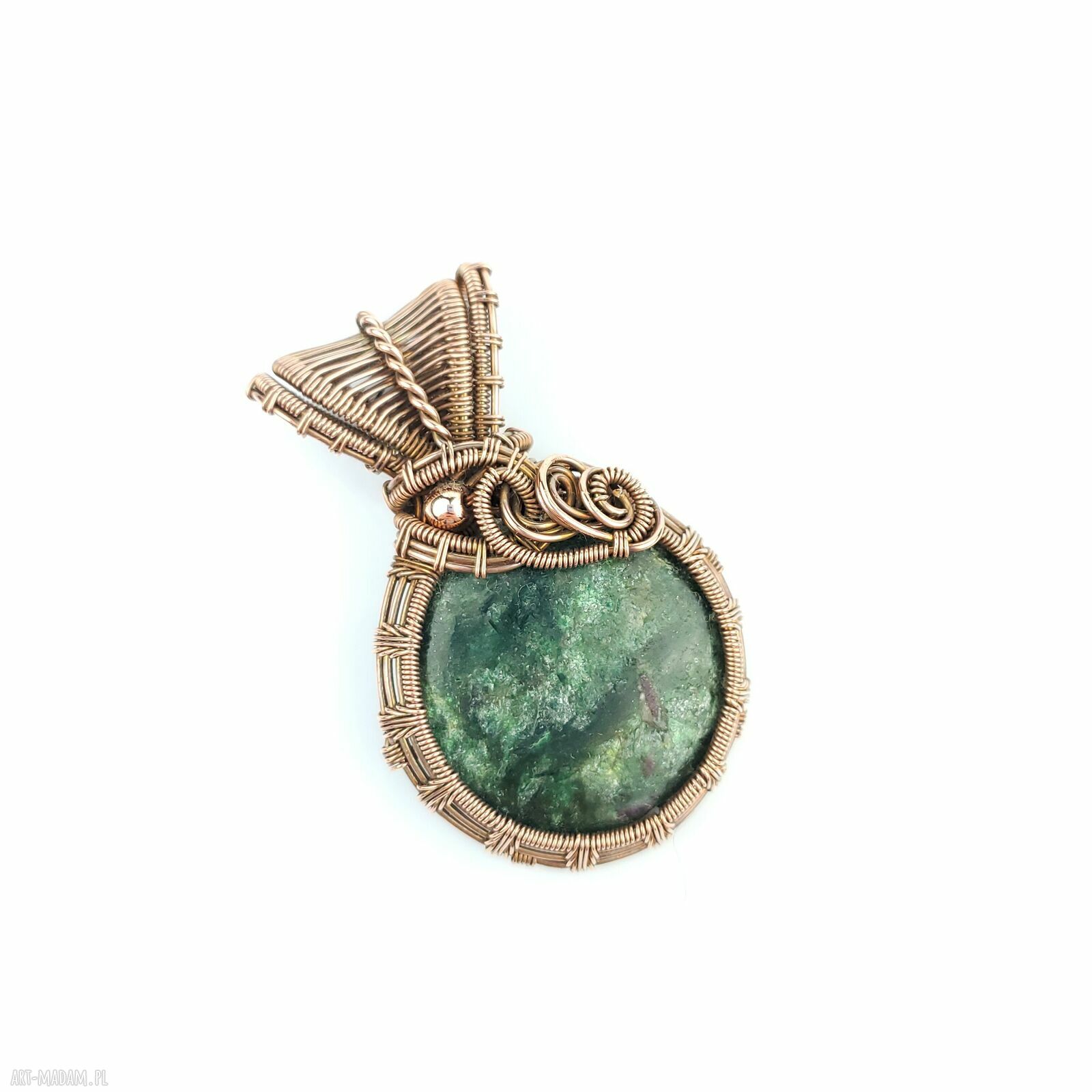 Wisiorek ze szmaragdem - duży wisior wire wrapping z miedzi i hematytem
