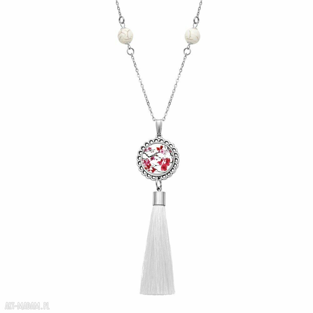 Medalion z chwostem JAPAN FLOWERS WHITE - ręcznie robiony naszyjnik z jadeitem