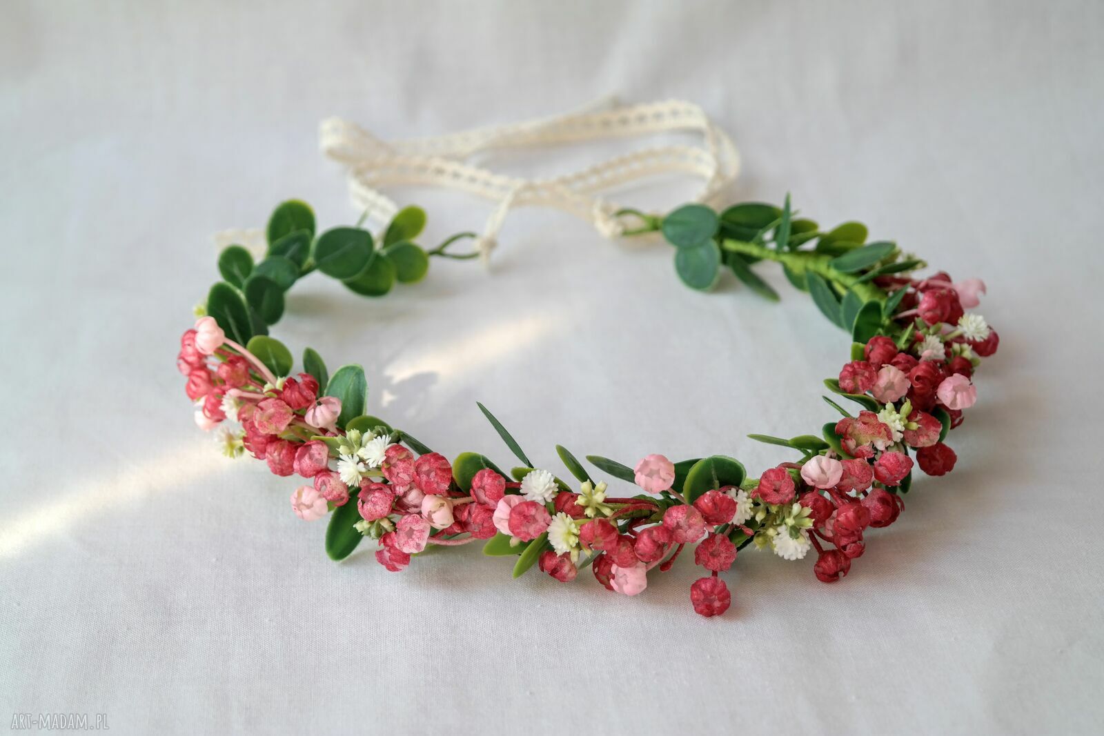 Wianek do włosów z czerwonymi kwiatkami i eukaliptusem - handmade boho