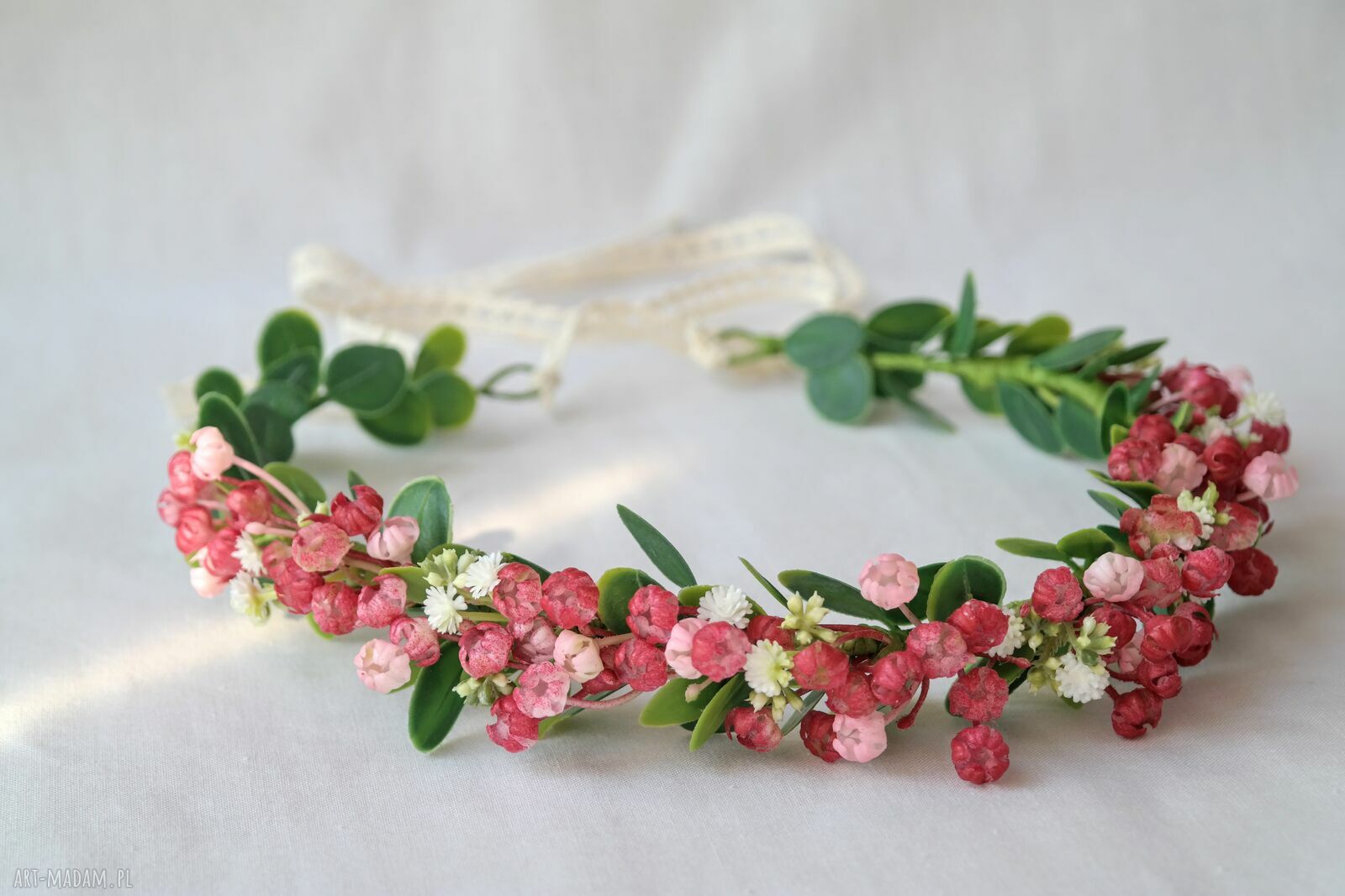 Wianek do włosów z czerwonymi kwiatkami i eukaliptusem - handmade boho