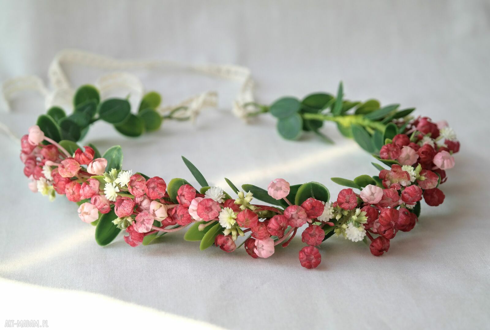 Wianek do włosów z czerwonymi kwiatkami i eukaliptusem - handmade boho