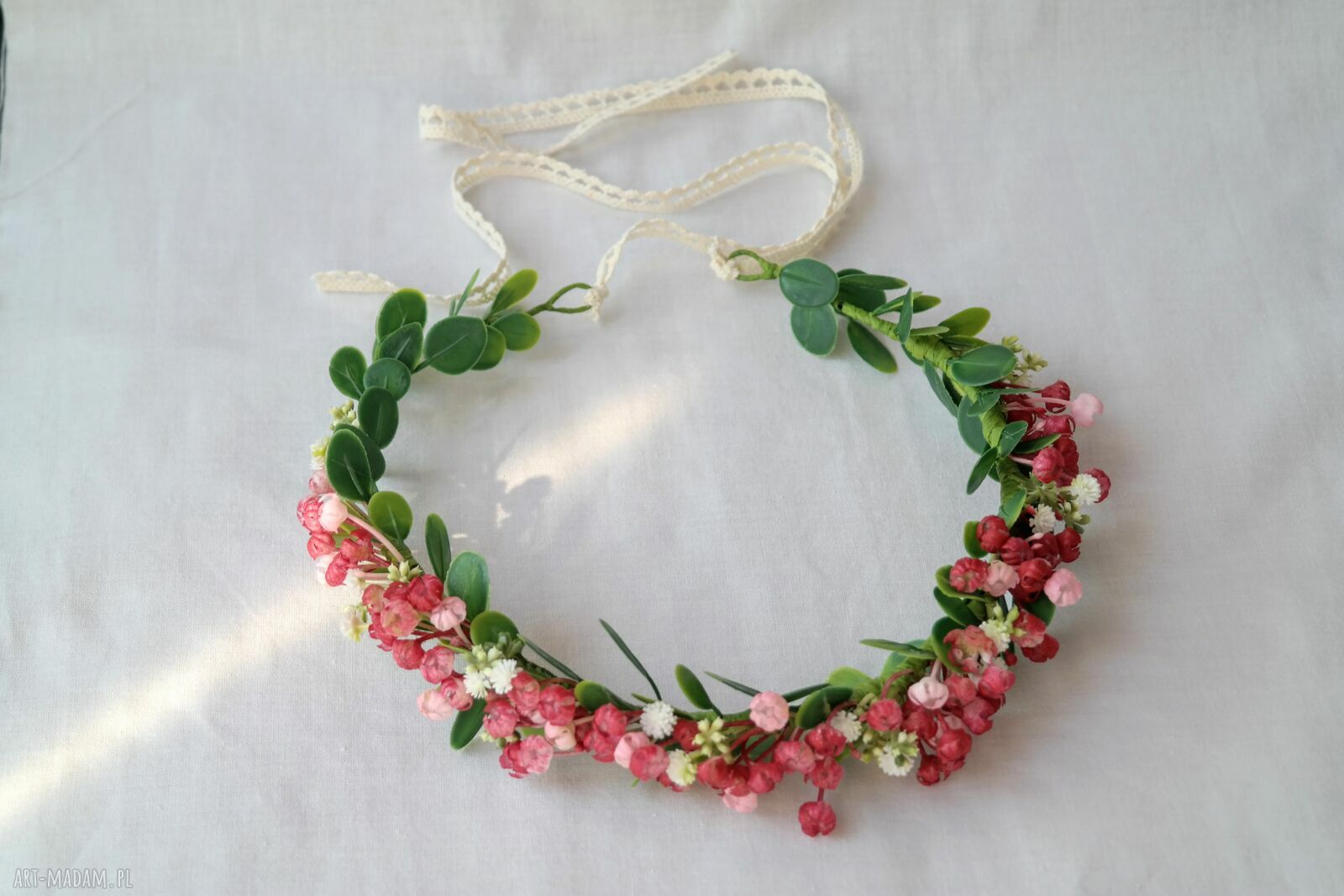 Wianek do włosów z czerwonymi kwiatkami i eukaliptusem - handmade boho