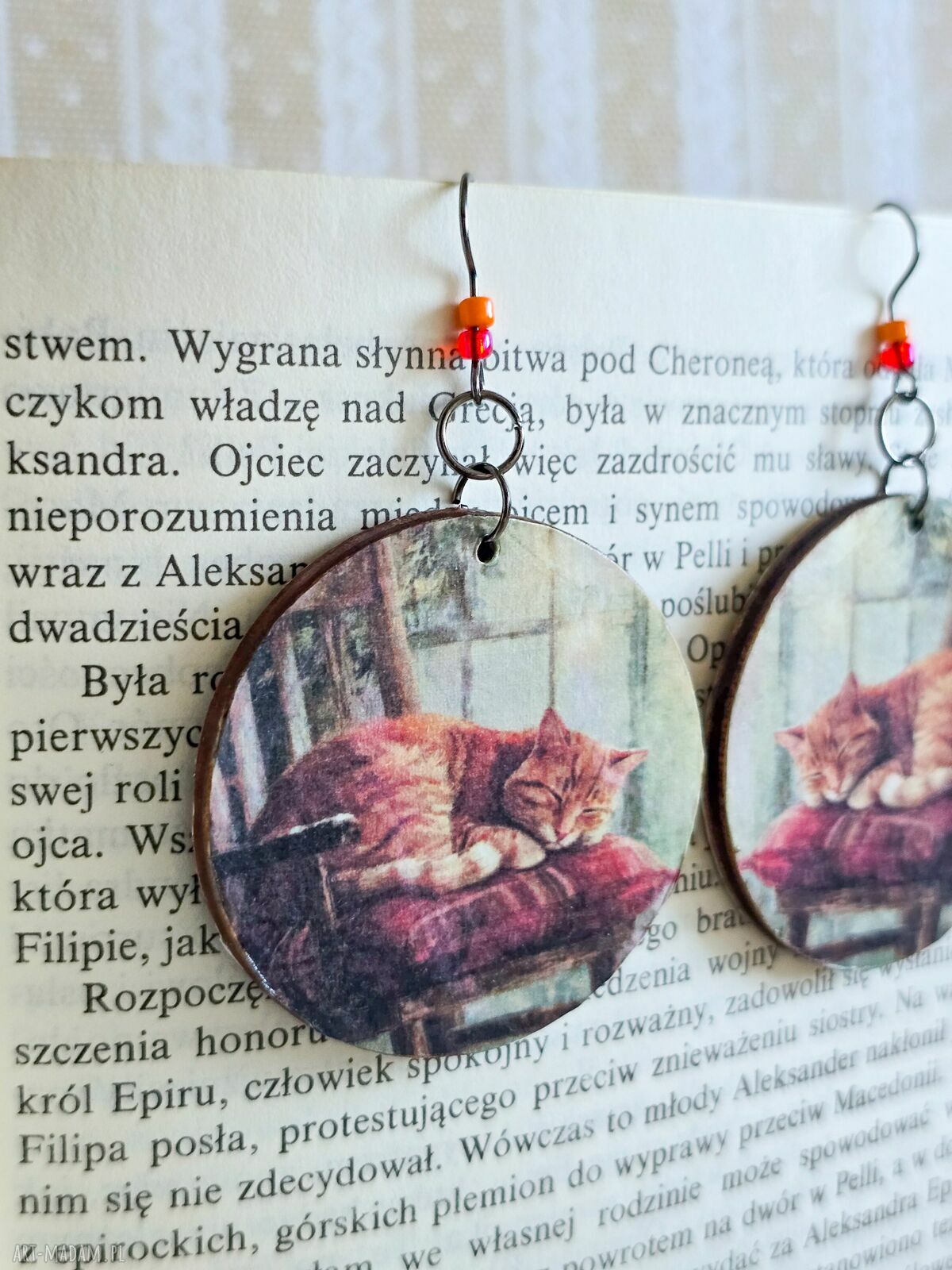 Kolczyki wiszące Kocie dobranoc - ręcznie robione decoupage na drewnie