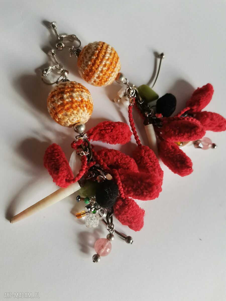 Klipsy wiszące kule, pompony i koraliki w stylu boho - Ruda Klara