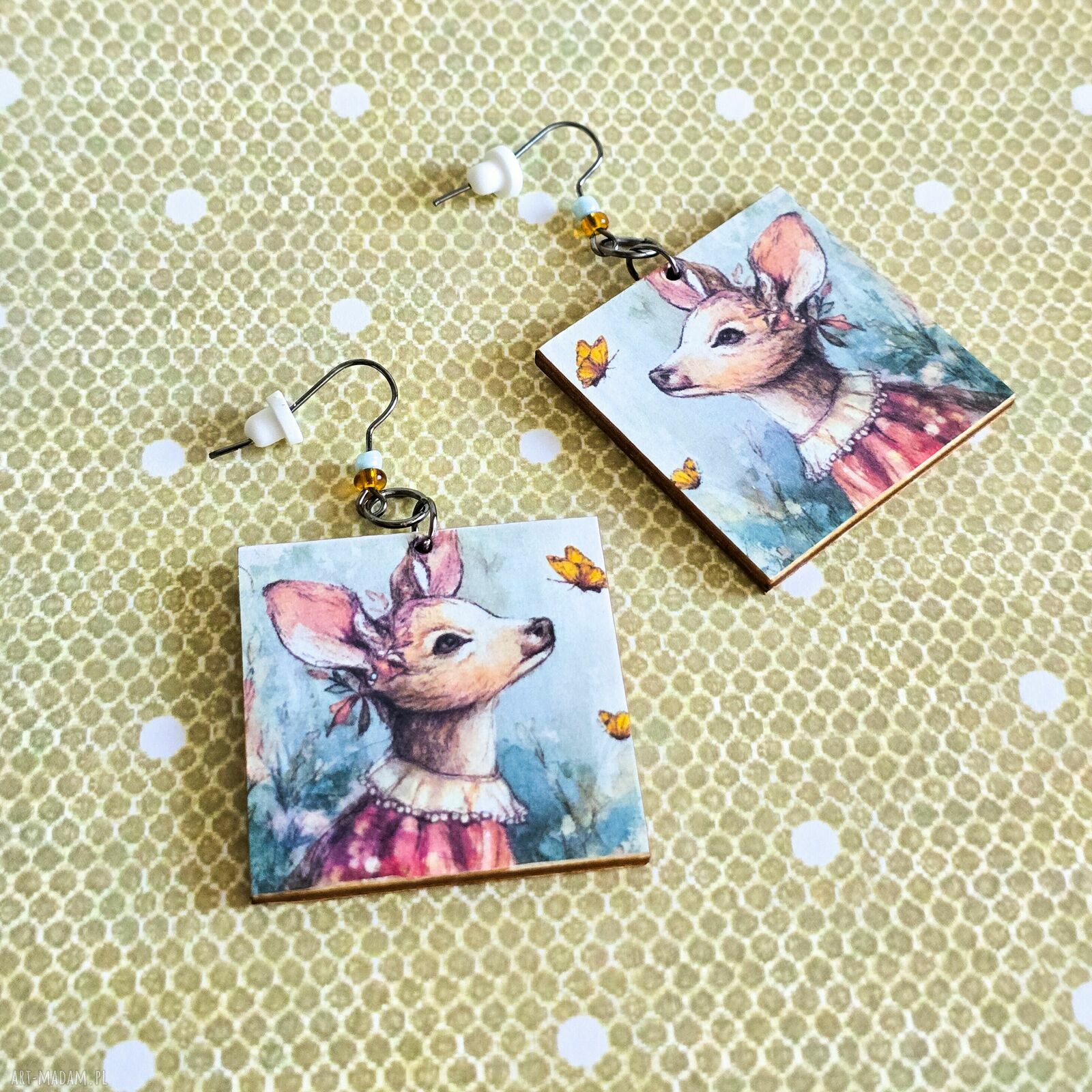 Kolczyki wiszące Sarenka - ręcznie robione decoupage