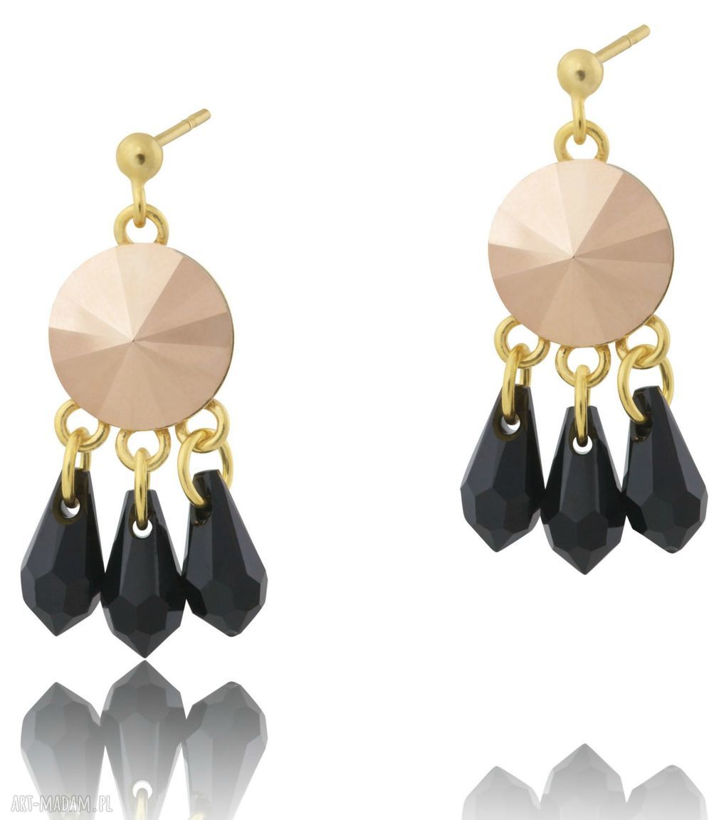 kolczyki: ZŁOTE WISZĄCE ORIENTALNE KOLCZYKI ROSE GOLD JET SWAROVSKI® ELEMENTS CZARNE