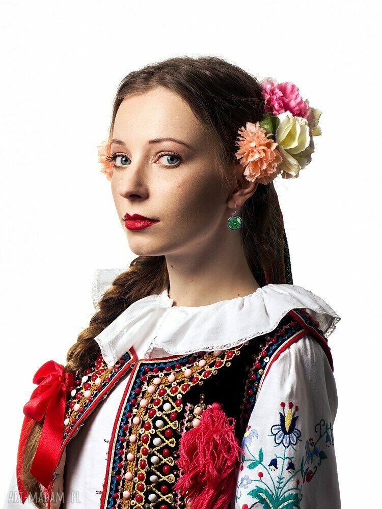 Kolczyki wiszące Otok Kwiaty - folklorowe kolczyki z grafiką pod szkiełkiem