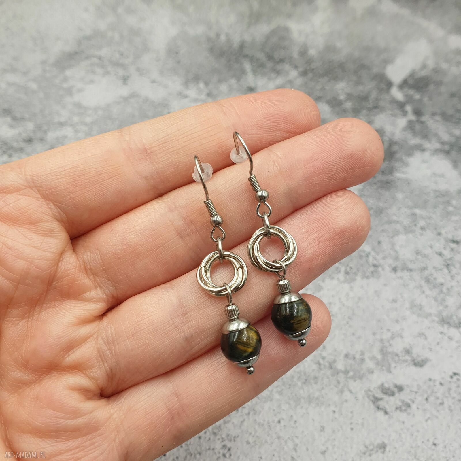 Kolczyki wiszące Sokole Oko w technice chainmaille ze stali szlachetnej