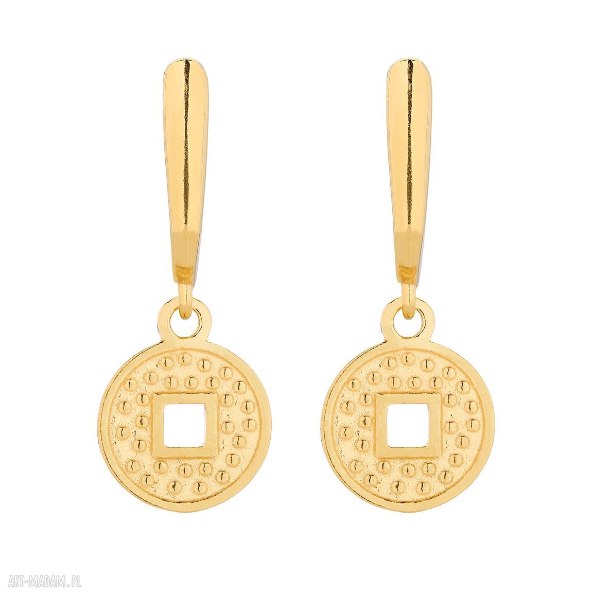 Złote kolczyki monetami monety okrągłe wiszące zapinane