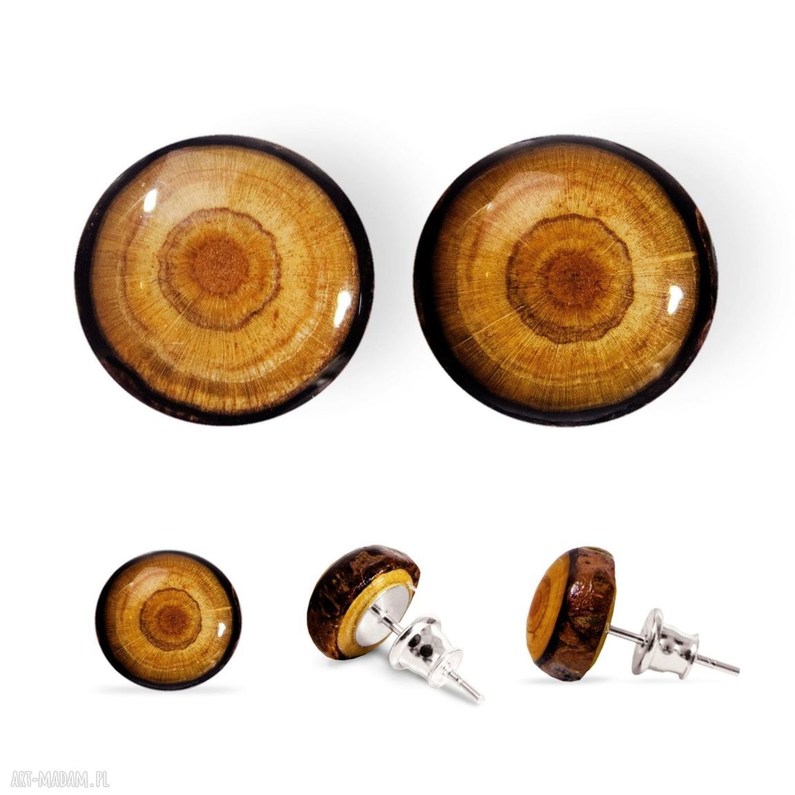 Kolczyki sztyfty z drewna „Las” - handmade, srebrne 925 i błyszcząca żywica