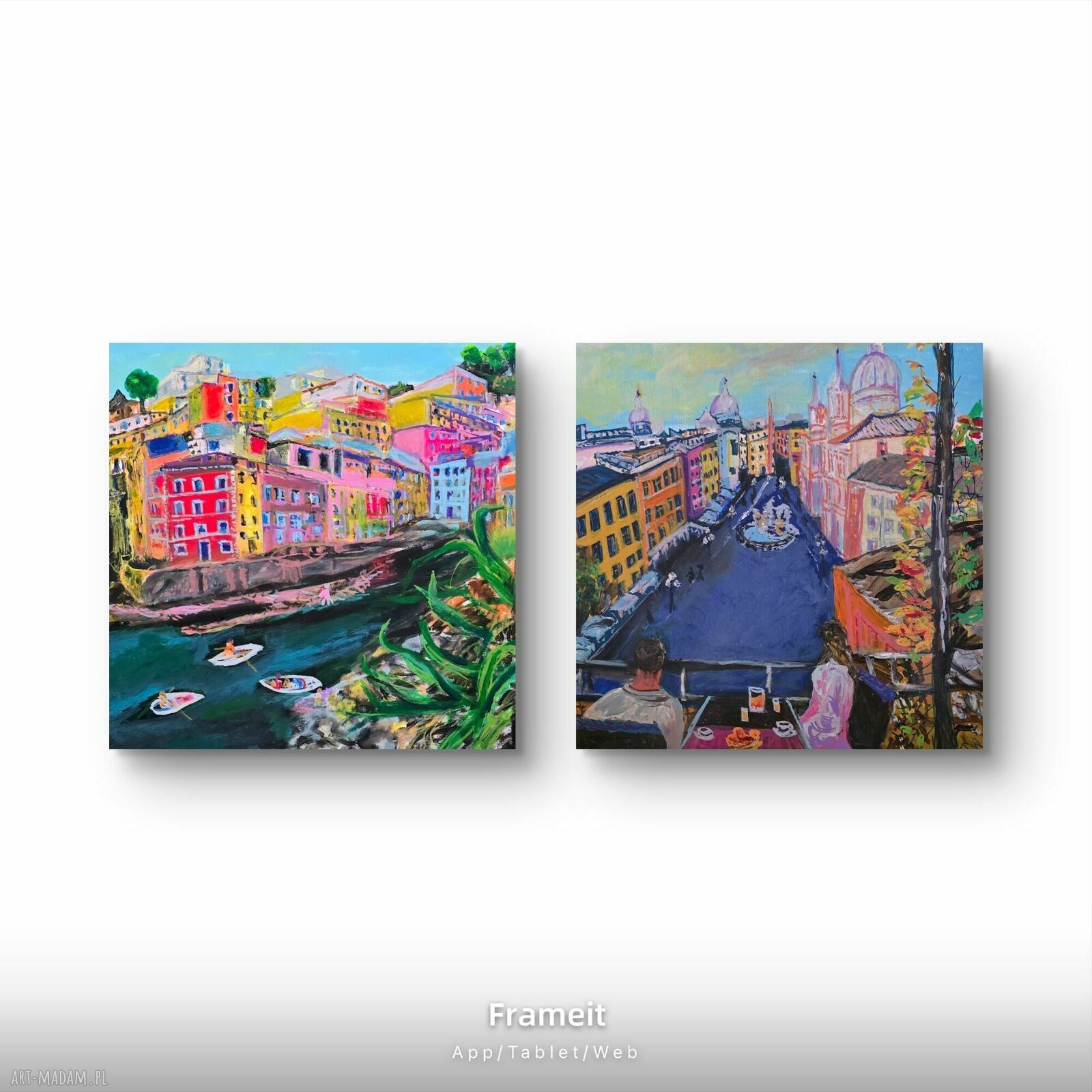 Ręcznie malowany obraz akrylowy Włochy: Riomaggiore i Rzym (50x50 cm)