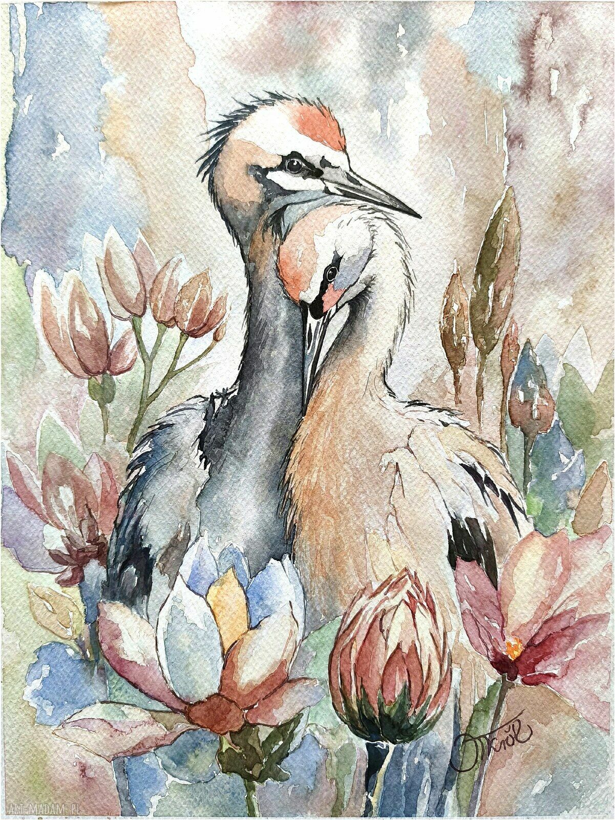 W objęciach natury - oryginalna akwarela z żurawiami 24 x 32 cm