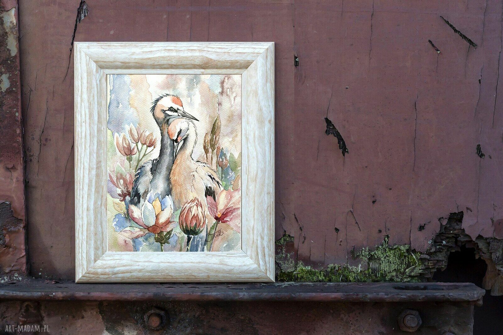W objęciach natury - oryginalna akwarela z żurawiami 24 x 32 cm