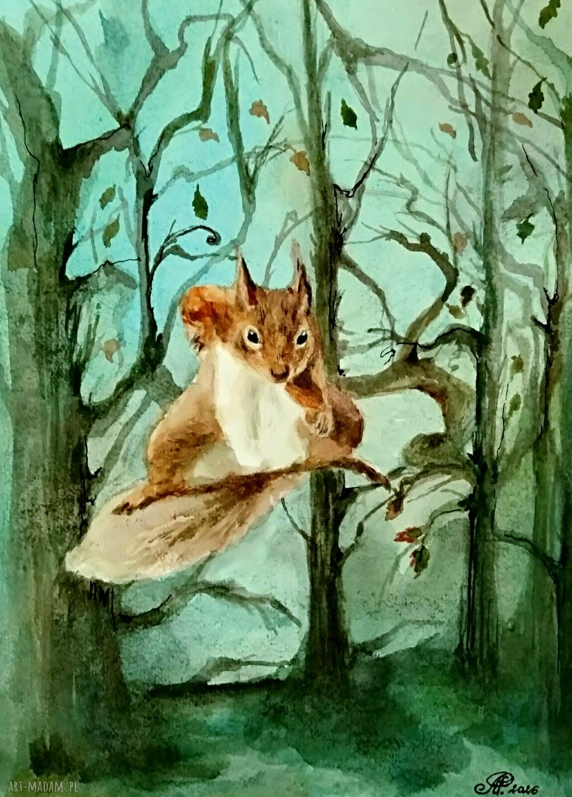 Wojownicza wiewiórka - bajkowa ilustracja akwarelowa A4