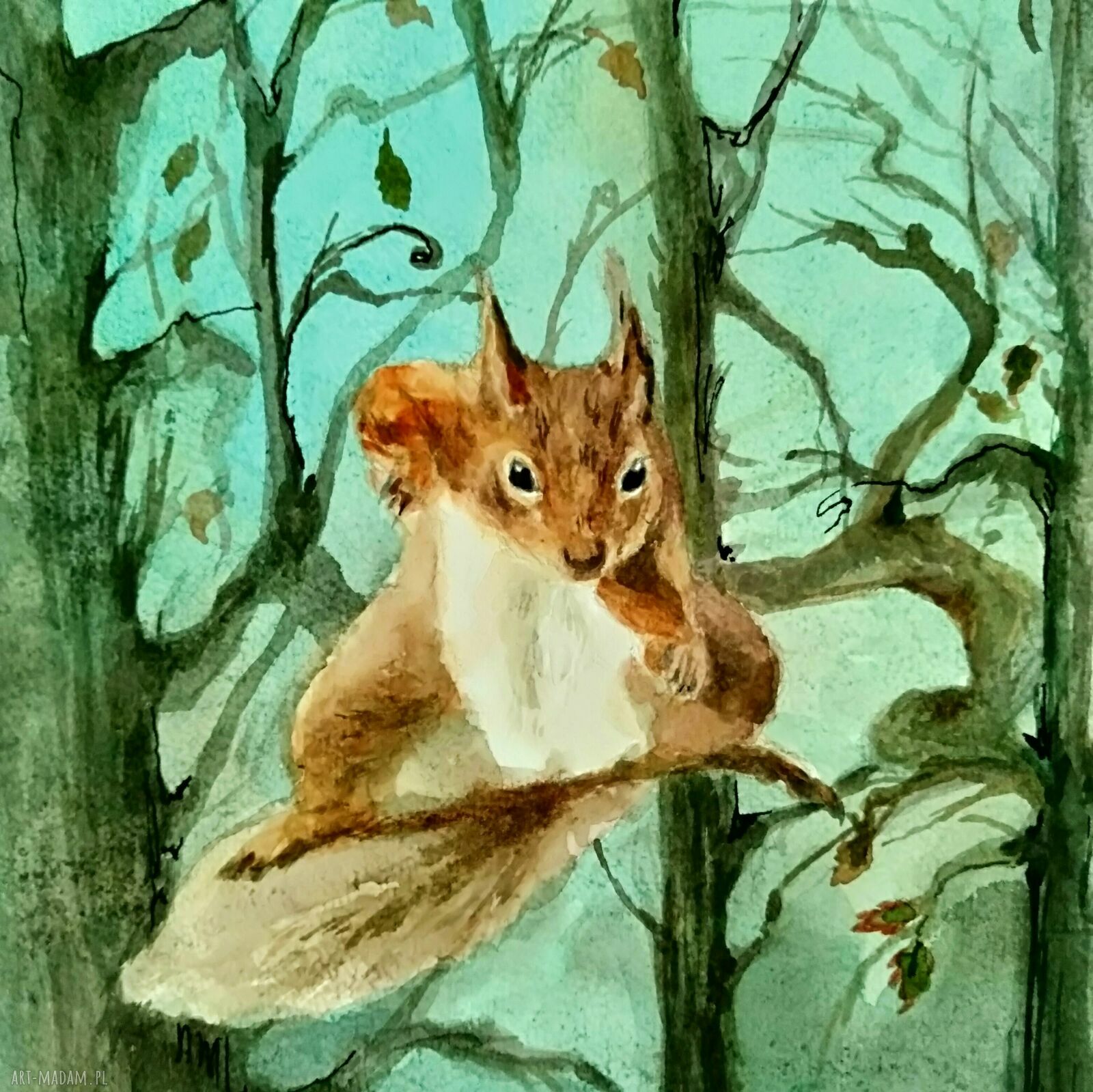 Wojownicza wiewiórka - bajkowa ilustracja akwarelowa A4