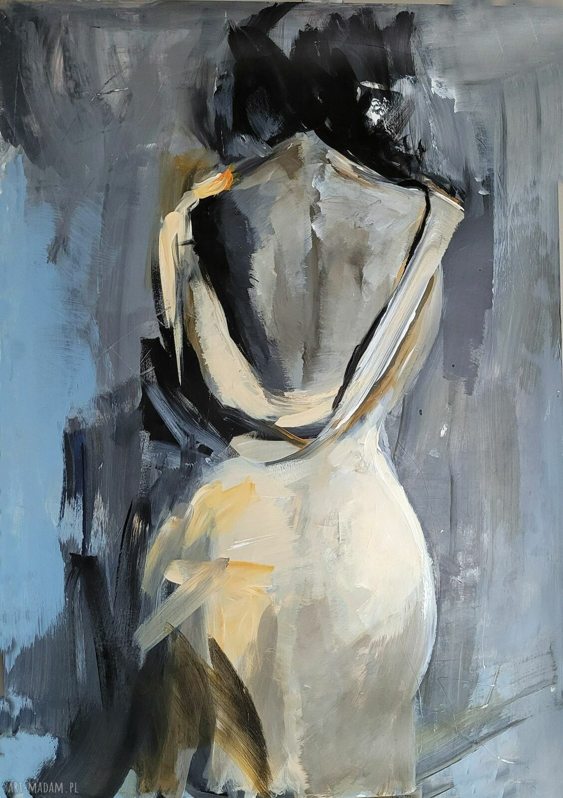 Kobieta - duży obraz w tonach błękitu i beżu 50x70