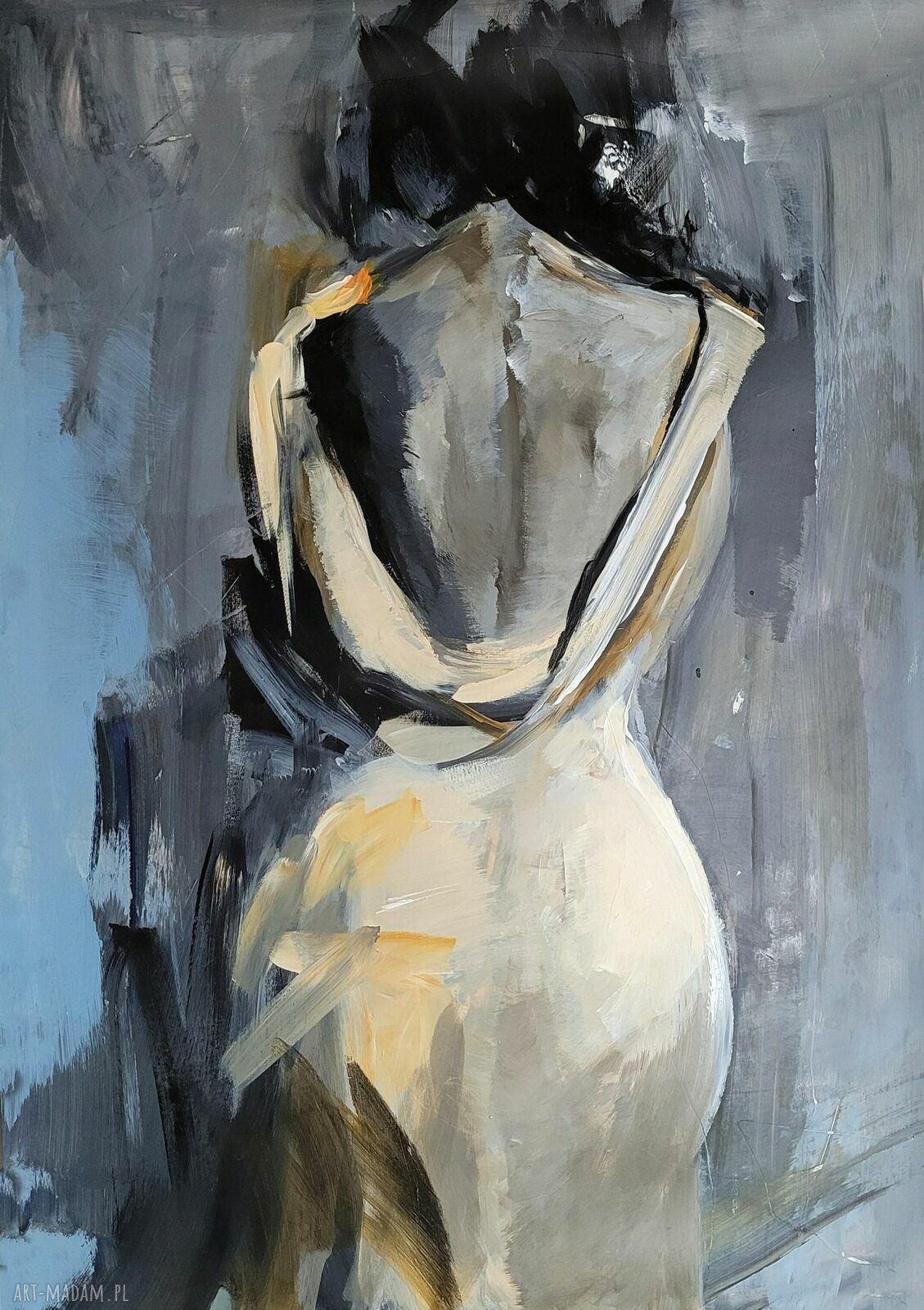 Kobieta - duży obraz w tonach błękitu i beżu 50x70