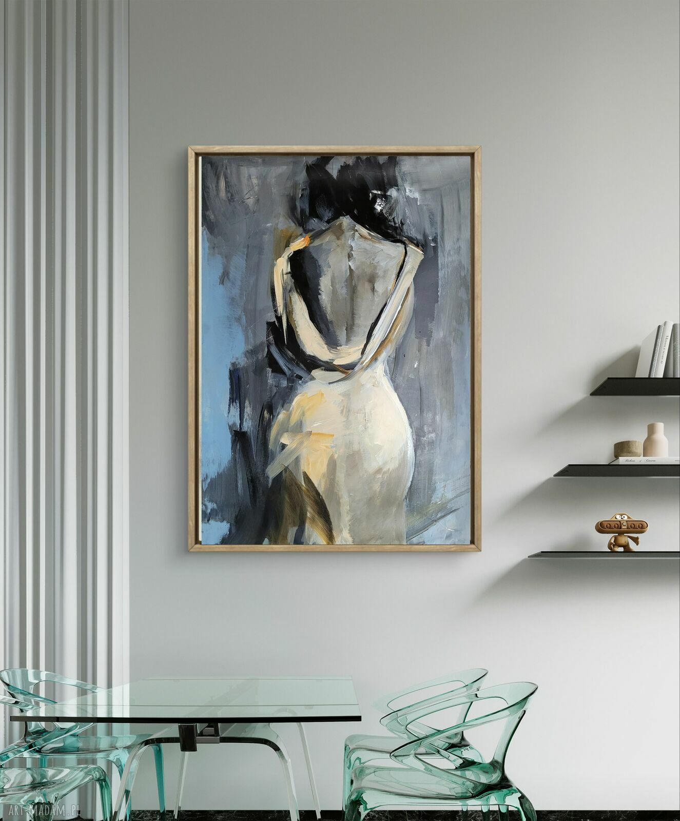 Kobieta - duży obraz w tonach błękitu i beżu 50x70