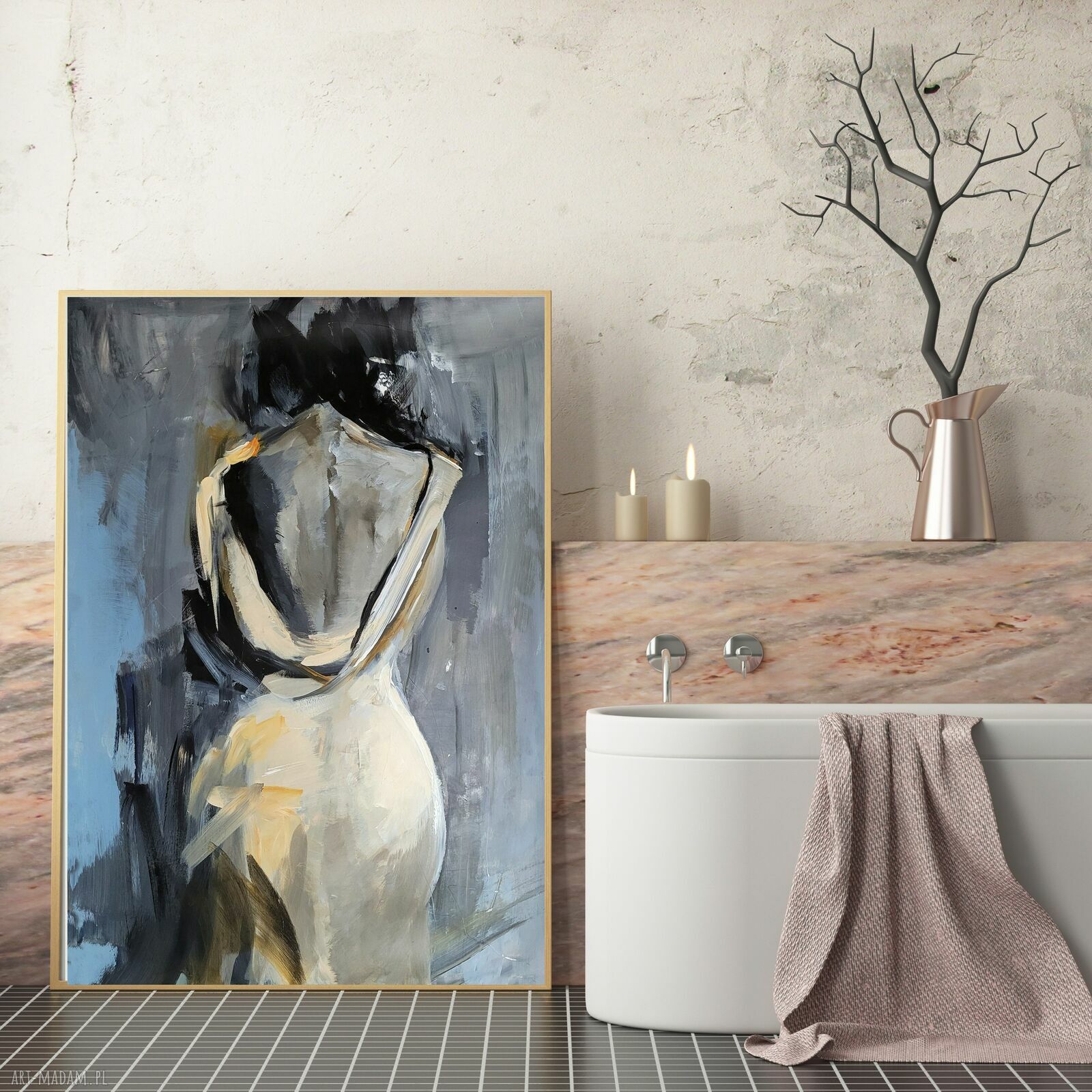 Kobieta - duży obraz w tonach błękitu i beżu 50x70