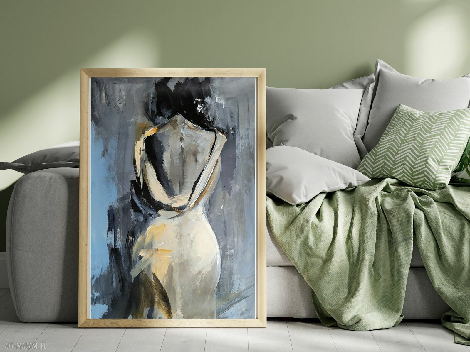 Kobieta - duży obraz w tonach błękitu i beżu 50x70
