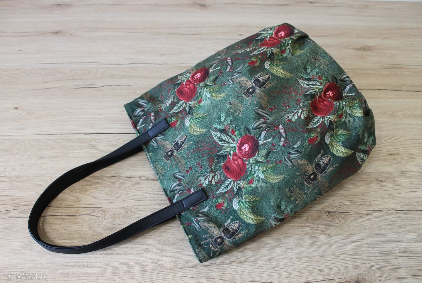 Worek Hobo z Pszczołami na Zielonym Tle - Torebka na Ramię Handmade