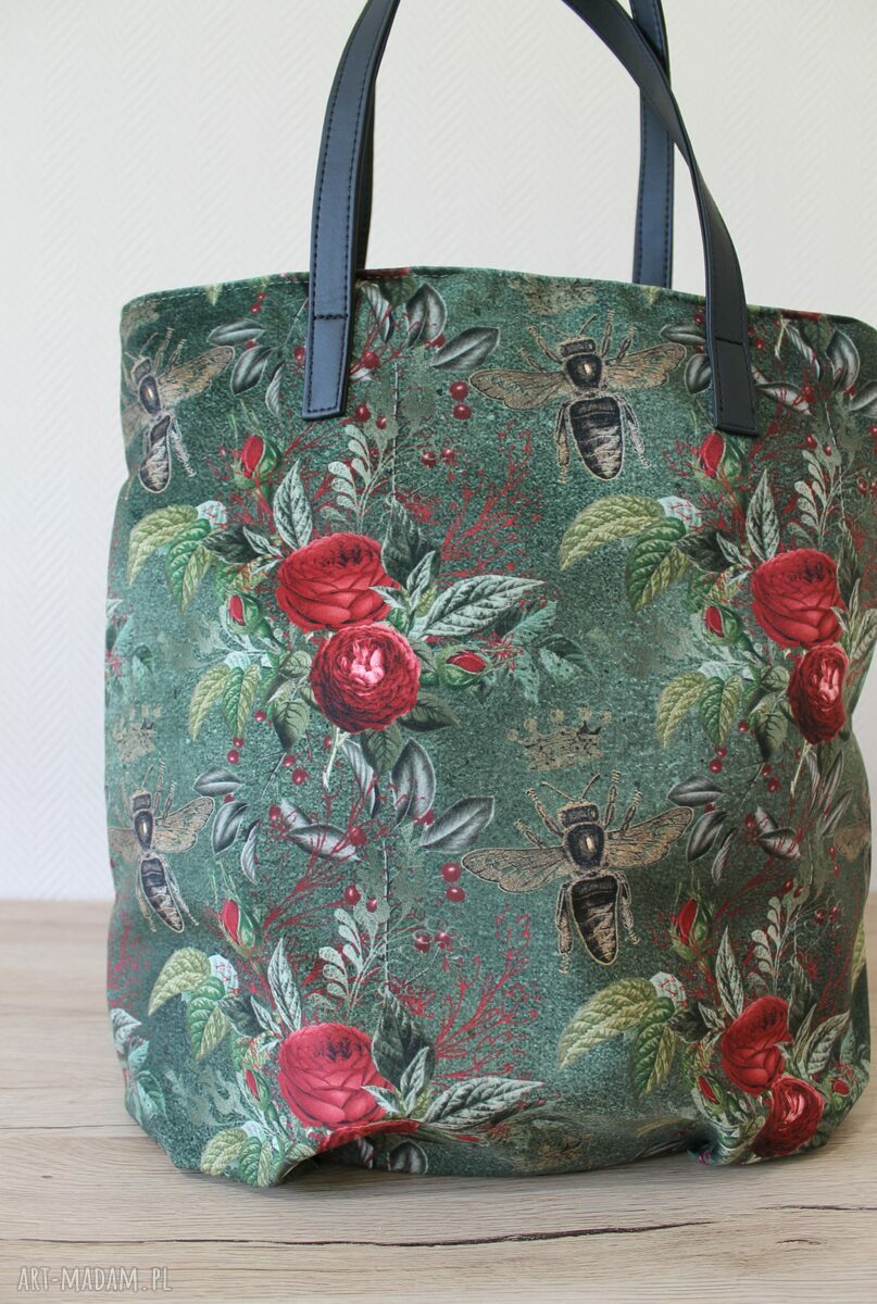 Worek Hobo z Pszczołami na Zielonym Tle - Torebka na Ramię Handmade
