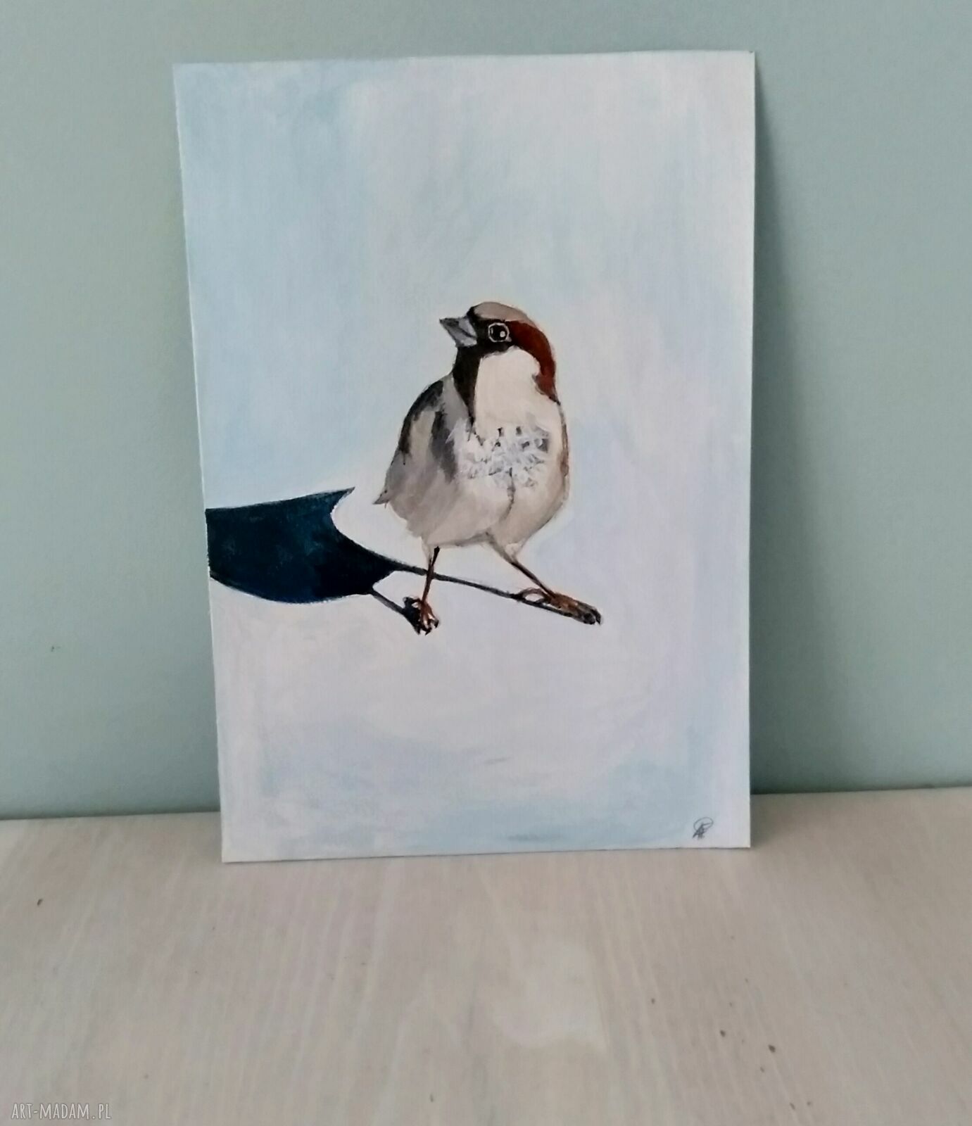 Obraz Wróbel - malarstwo tempera i akryl, 16x23 cm