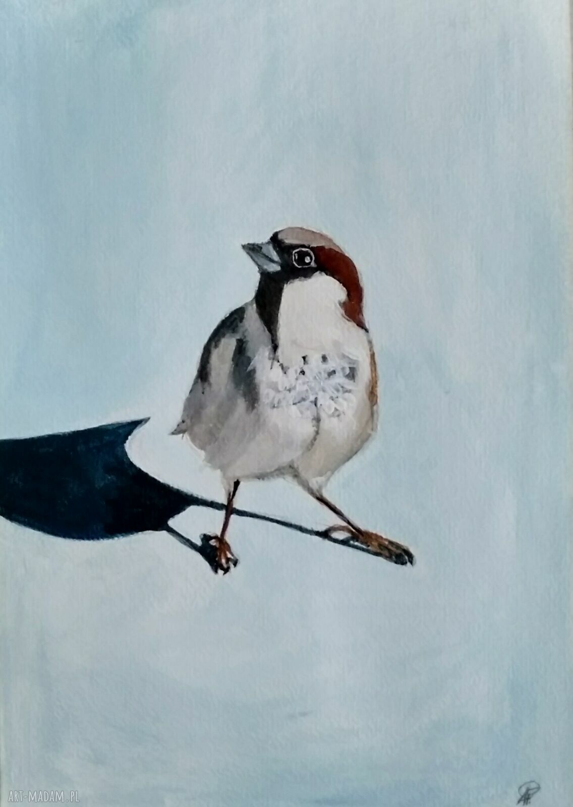 Obraz Wróbel - malarstwo tempera i akryl, 16x23 cm