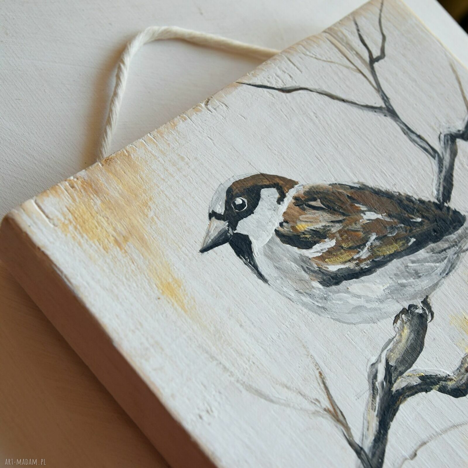 Ptak wróbel - obraz miniatura ręcznie malowany na desce