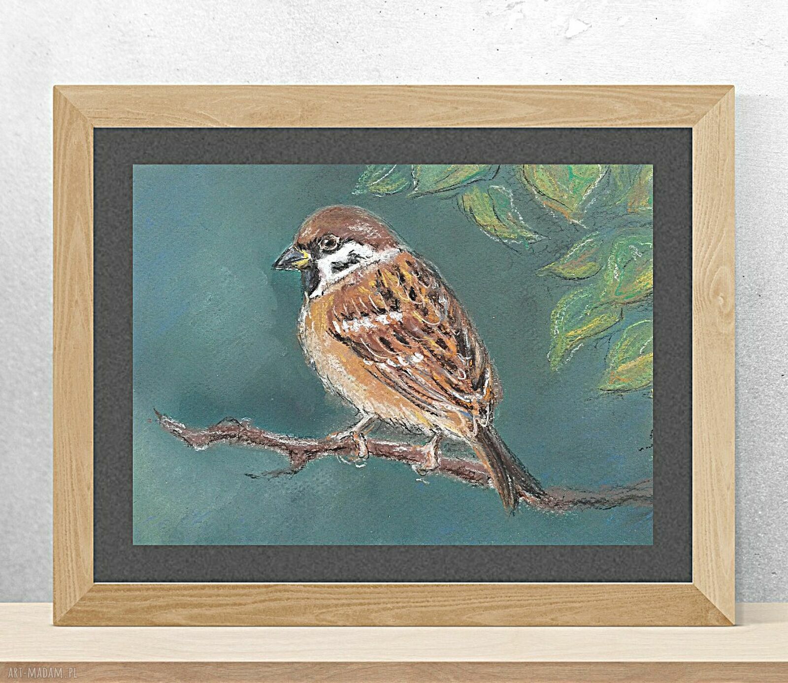 Wróbelek - pastele suche, leśny ptak na papierze 16x24 cm