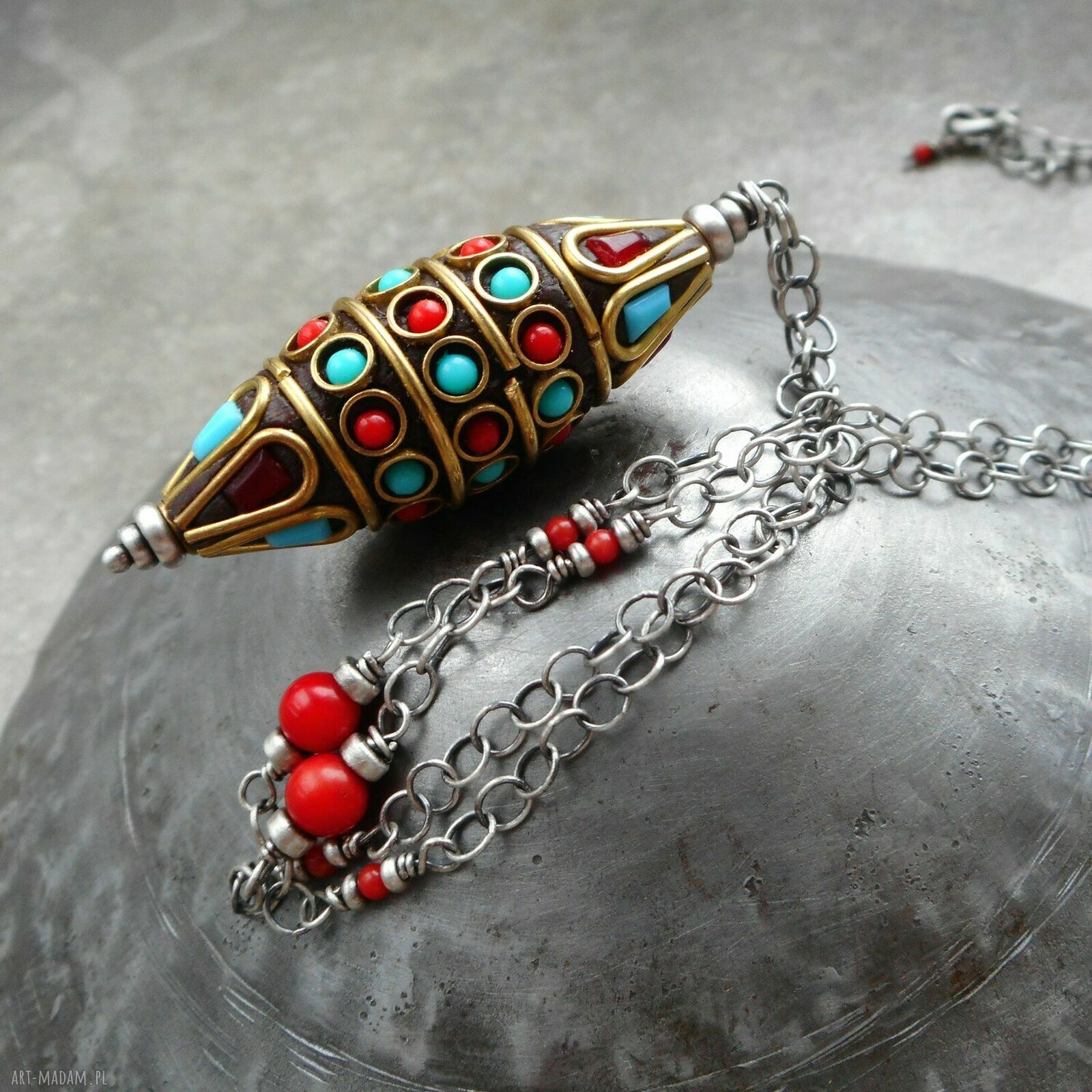 Wrzeciono - etno naszyjnik ze srebra 925 z koralem i turkusem (70 cm)